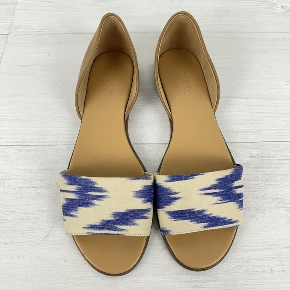 J. Crew Peep Toe Flats Slip On Sandals Women Size‎ 9 Ikat Print Blue Brown - Picture 3 of 12